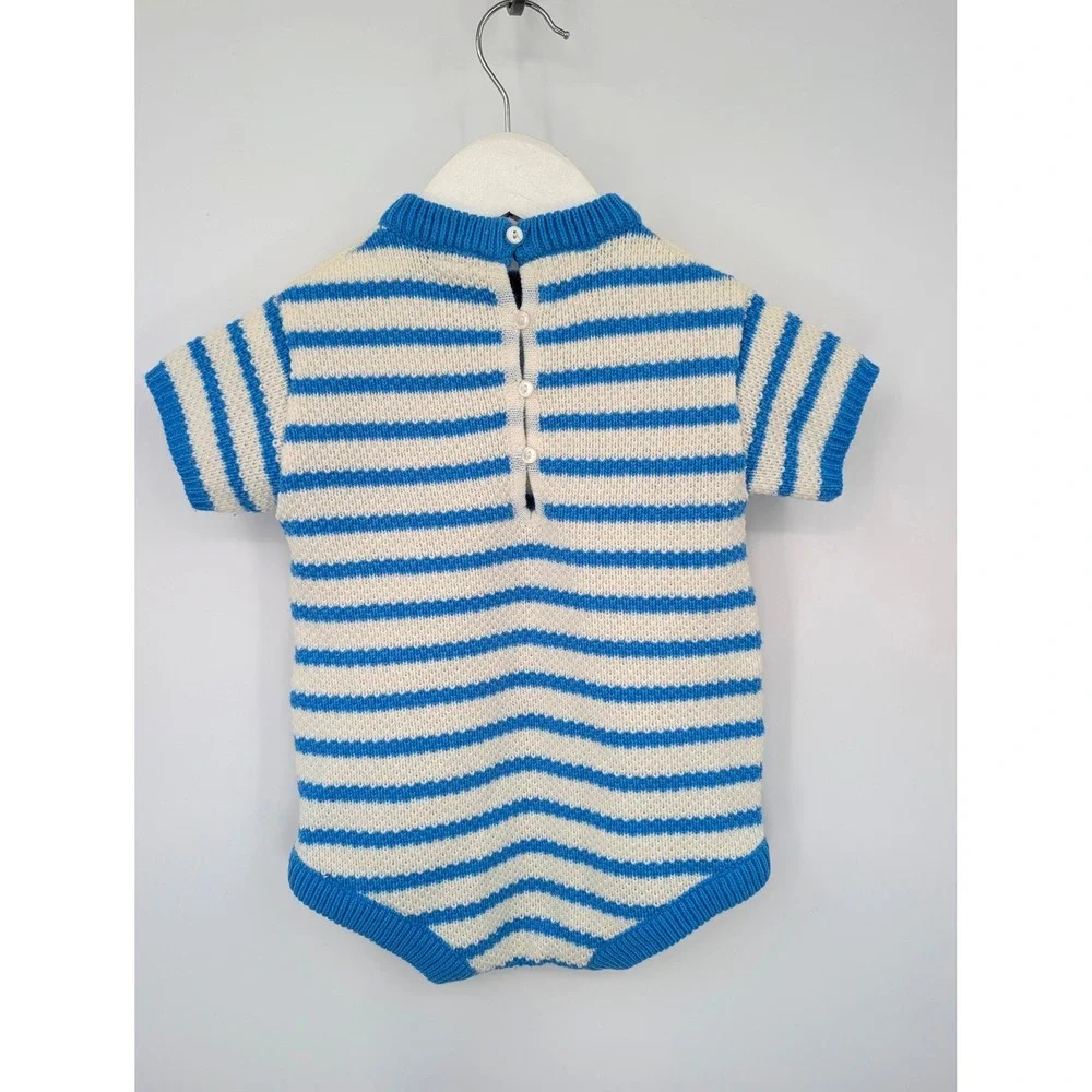 Vintage Carter's 18M Baby Knit Romper Blue White Striped Elephant Acrylic